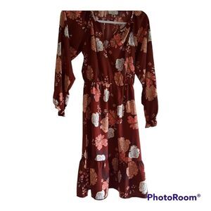 LOFT Outlet Petite Dress Maroon Floral Long Sleeve Ruffle